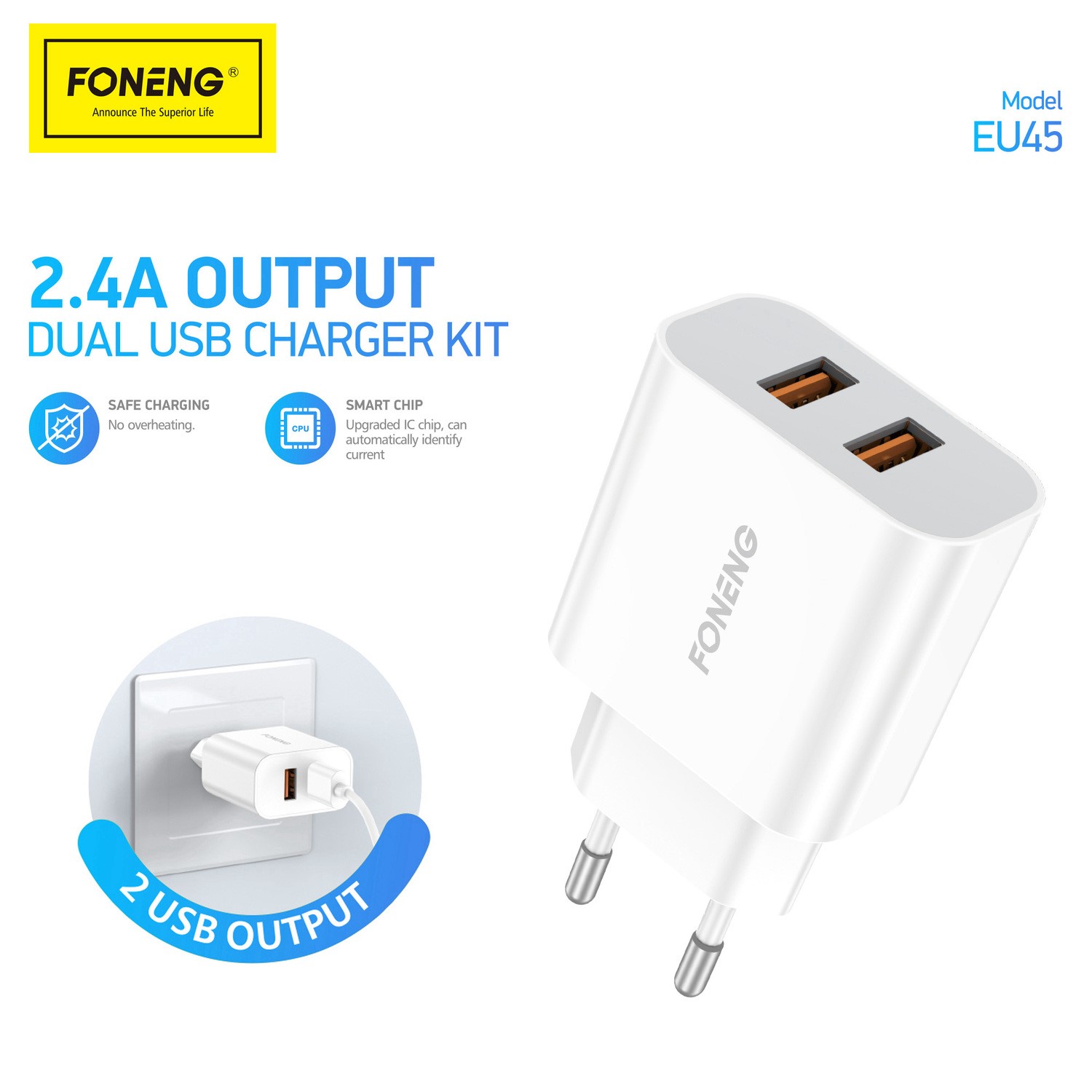 Incarcator Retea Foneng EU45 2XUSB-12W, 2,4A USB cu cablu Tip C - 2 | YEO